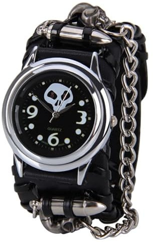 Silber Uhr Gothic Männer Kette Punk Uhr Rock Armband Frauen Schädel Handgelenk Manschette Herrenuhr Damen Armbanduhr Elastisches Armband (Black, One Size)