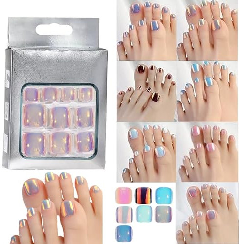24 Pcs False Toenails Ombre Cat Eye Aura Pearlescent Mermaid Glitter Light Lilac Colour Gloss Finish Full Cover Press On False Fake Artificial Toenails