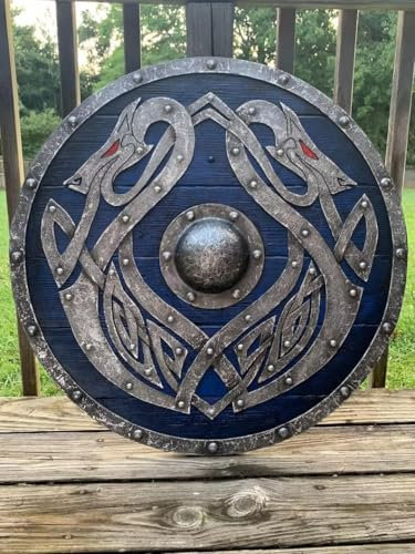 Holz Eisen Wikinger Schild mit Drachen Design Krieger Battleworn Replik LARP Schild für Rollenspiele, Cosplay & Home Wall Decoration