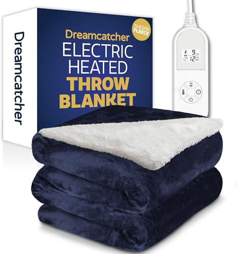 Dreamcatcher Navy Heated Throw Electric Blanket, 160 x 120cm Heated Blanket Machine Washable Soft Micro Fleece & Sherpa Electric Throw Overblanket with 12HR Timer and 9x Control Heat Settings