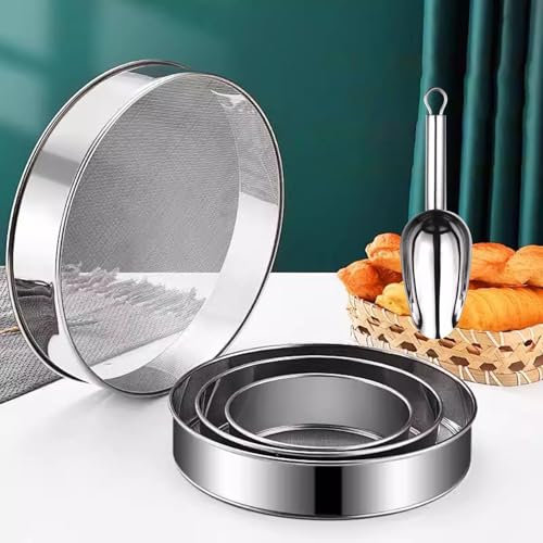WJYWX Setaccio per farina in acciaio inox, set da 4, setaccio rotondo per farina e cereali, setaccio per zucchero a velo, setaccio da cucina impilabile per farine e cereali (60 maglie)