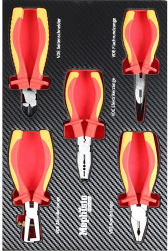 Mephisto Werkzeugeinlage Werkzeug Set Pro Line Werkstattwageneinlage mit VDE Elektriker Zangenset mit Kombizange, Spitzzange, Seitenschneider, Abisolierzange, Elektrikerzange Soft Inlay in Carbonoptik