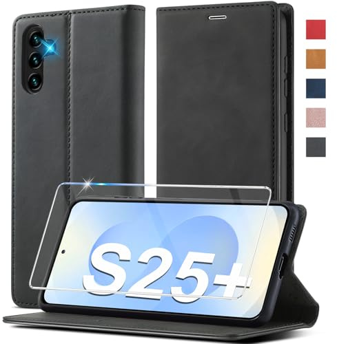 2025 Neu für Samsung Galaxy S25 Plus Hülle Leder, Mit Schutzfolie, Handyhülle für Samsung S25 Plus 5G Klapphülle Klappbar Leder Flip Standfunktion Kartenfach, Wallet Case Schutzhülle