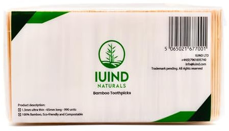 IUIND NATURALS - Palillo de dientes de bambú fino, ultrafino de 1,3 mm, 990 unidades (3 paquetes individuales, 330 palillos de dientes cada uno), ecológico y compostable, 65 mm de longitud