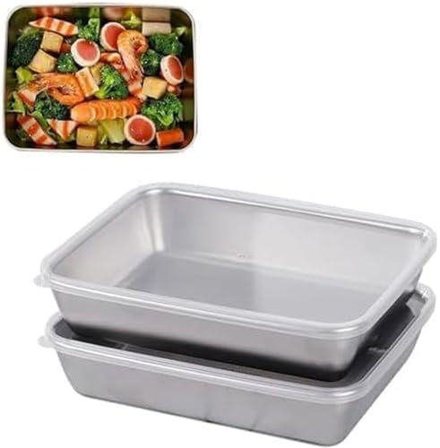 RRMMAN 2 platos cuadrados de acero inoxidable con tapa, bandeja cuadrada de metal grueso para horno, placa de almacenamiento de alimentos para cocina, bandejas de acero inoxidable resistentes, 25 x 20