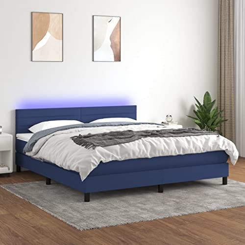 KOIECETA Boxspringbett mit Matratze LED Doppelbett Bett Polsterbett Bettgestell Bettrahmen Lattenrost Schlafzimmerbett Hotelbett Blau 180x200 cm Stoff