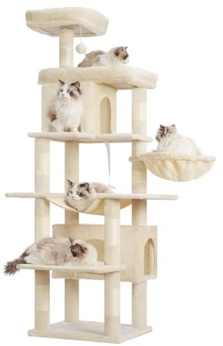Heybly Arbre À Chat, De 178 cm De Hauteur, Colonne À Griffer pour Les Chats D'Intérieur, Arbre À Chat Multi-Étagé avec 8 Colonnes À Griffer, 2 Trou, 2 Plateformes, Hamac, Panier, Beige HCT036M
