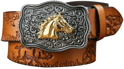 Zghhc Herren-Western-ledergürtel Schnalle, Cowboy-Pferd-Muster, Ledergürtel Schnalle, Gürtel Floraler Gravur Für Männer Und Frauen