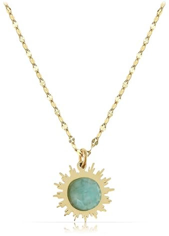 Made by Nami Kette Gold Damen mit Sonne Anhänger und Edelstein aus Chirurgischem Edelstahl 40 + 5 cm Gold Schmuck Freundschaftskette (Türkis)