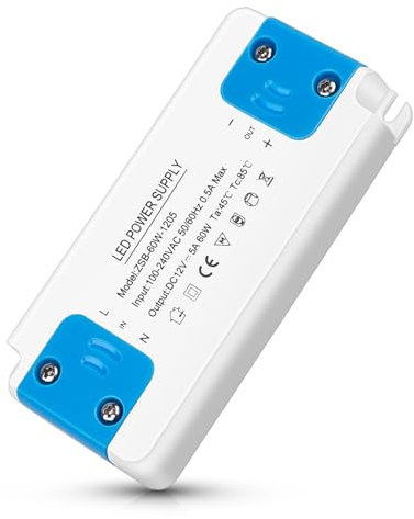 LED Transformator 1-60W 5A, LED Trafo 240V auf 12V Treiber Netzteil, Kein Flimmern, Keine Mindestbelastung, LEDs Niedervolttrafo, für 12V G4, MR11 GU4, MR16 GU5.3 LEDs Birnen Lichtstreifen, 1 Stück