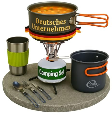 Coemo 7-TLG Outdoor-Camping-Kochgeschirr-Set Orange Campingkocher, Topf- & Pfannen-Set mit Rucksackkocher, Edelstahlbecher, Messer, Gabel und Löffel für Rucksackreisen, Camping, Wandern und Picknick