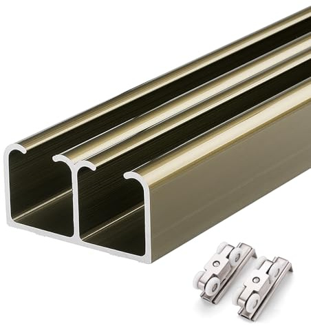 Rail Porte Coulissante Kit de rail pour porte de grange coulissante double pour maison commerciale, montage au plafond, quincaillerie pour porte coulissante de placard de cuisine(Champagne,300cm/9.8ft