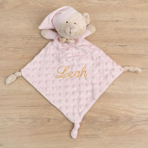 Wanapix | Doudou personnalisé avec prénom pour bébé | Couleur Rose | Doudou avec prénom brodé | Couverture avec Ours en Peluche | Finition veloutée Douce et Pois en Relief