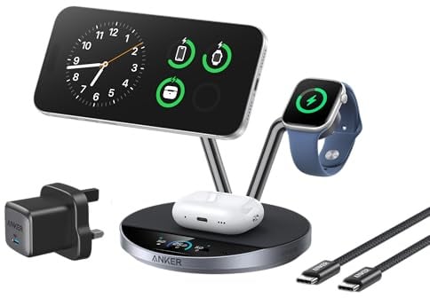 Anker Prime MagSafe Ladegerät kompatibel, 3-in-1 Ladestation, Qi2 25W zertifiziertes kabelloses Ladegerät Dock Ständer, Smart Display mit TEC Active Cooling, für iPhone 17, Apple Watch, AirPods und | MagSafe Ladegerät kompatibel, Smart Display mit TEC Active Cooling, für iPhone 17, Apple Watch, AirPods und mehr