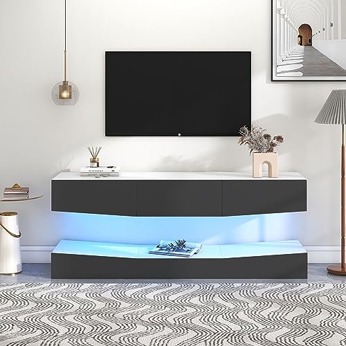 Jaxenor 180cm Hochglanz TV Schrank Hängend mit LED-Beleuchtung, Hängend TV Board mit Stauraum, Moderner Fernsehschrank für Wohnzimmer, Fernseher Schrank, Grau