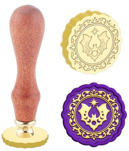 Hobbspring Retro Fledermausstern WachsSiegel Stempel Austauschbare Umschläge DIY Siegel Stempel Vintage Messingkopf Gelber Sandelholzgriff Für Halloween Party Einladungskarte Dekor Zurück zur Schule