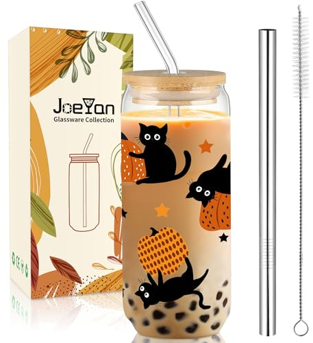 Joeyan 600ml Vasos Halloween de Cristal con Tapa y Pajita,20oz Vaso de Vidrio con Calabaza y Gato Negro,Tazas para Café Caliente,Copes de Cerveza,Regalo Decoración Fiesta Para Hermanas Amigos Colegas
