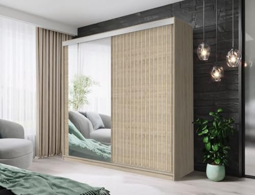 FHI_kingston Modern Mirrored Sliding Wardrobe with Shelves, Hanging Rails Bedroom Furniture available in White, Black Grey, Oak | Sizes: 150, 180, 203, 250cm (Oak, 203)