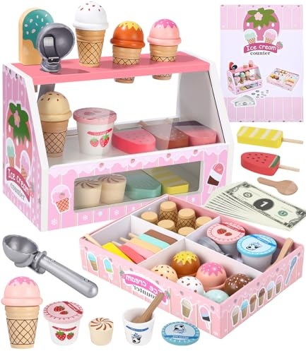Cexovo Eisdiele Kinder Holz Eisdiele Eisladen EIS Spielzeug für Kinder Einkaufsladen Eiscreme Kinderküche Zubehör ab 3 Jahre mit Spielgeld,Kaufladen Zubehör Holz,Montessori Spielzeug Mädchen Pink
