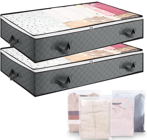 YORFULL Underbed Storage Bag Large Under Bed Storage Box with 4 Bonus Large Zip Lock Bags Clothes Storage Boxes with Lid & PVC Window for Clothes, Duvets, Comforters, Blanket, Bedding (Grey 2p)