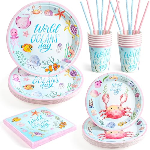 Set Vaisselle Jetable Animaux Marins World Oceans Day Anniversaire Enfant, Assiettes Plates Serviettes Gobelets Pailles Décoration Anniversaire Monde Sous-Marin Fille Garçon Océan Rose 12 Personnes