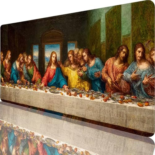 Gaming Mauspad Schwarz Mauspad XXL 600 x 400 x 4 mm XXL Mousepad Das Letzte Abendmahl Mousepad Gaming Zubehör, Schreibtischunterlage Design Vernähte Kanten, Wasserdicht für Home Zimmer Deko l-6721