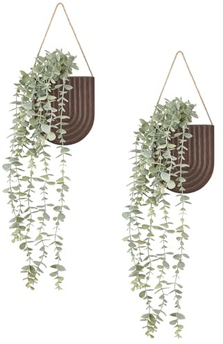 Dahey 2 Pack Wood Wall Vase with Fake Eucalyptus Plants, Modern Farmhouse Boho Wall Hanging Decor Planter for Artificial Plants Living Room Bedroom Bathroom Kitchen Home Office Decoration, Brown