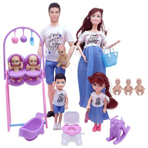 Poupée enceinte avec bébé dans le ventre, ensemble de poupée enceinte avec bébé dans le ventre, papa et 5 enfants, ensemble mère en toute sécurité, 7 personnes avec accessoires de maison poup