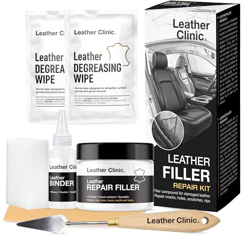 Leather Clinic Leder Reparatur Set – Flexibler Leder Reparaturfüller für Risse, Kratzer & Löcher – Für Auto Sitze, Ledermöbel & Vinyl – Komplettes Repair Kit
