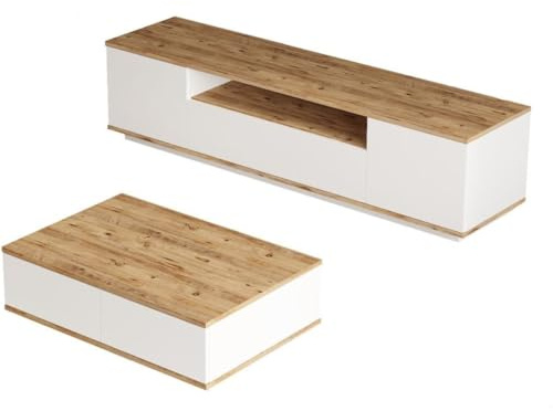 HOMIFAB Ensemble Meuble TV et Table Basse Blanc & Effet Bois - Ravia