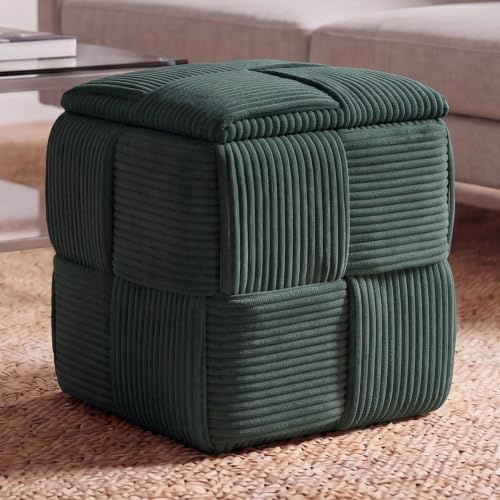 Mendler Hocker HWC-Q47 43x40x40cm Stoff - grün | Sitzhocker, Ottomane, Polsterhocker, Pouf, Deckel, Staufach, Cord (260g/m²)