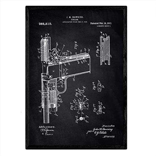 Nacnic Poster Patent Gun. Blatt mit altem Design-Patent A3-Format mit schwarzem Hintergrund