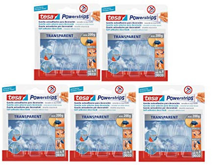 tesa Powerstrips Deco-Haken, transparent, für max. 200g, Packung mit 5 Haken (1, Deco-Haken | 5er Pack)