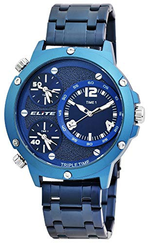 Unbekannt Elite Herrenuhr Blau Analog Triple Time Weltzeit 3 Zeiten Zeitzonen Metall Quarz 3 Bar Armbanduhr