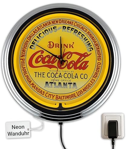 US-Way.de Atlanta WallClock Deko-Clock – 44 cm Durchmesser, Deko-Wanduhr ohne Tickgeräusche und gut lesbares Display, USA 50er-Jahre-Stil Neon-Uhr für Küche, Wohnzimmer, Büro (Gelb)