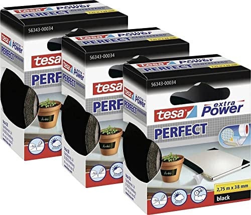 tesa extra Power Perfect Gewebeband im 3er Pack - Gewebeverstärktes Ductape zum Basteln, Reparieren, Befestigen, Verstärken und Beschriften - Schwarz - 3 Rollen je 2,75 m