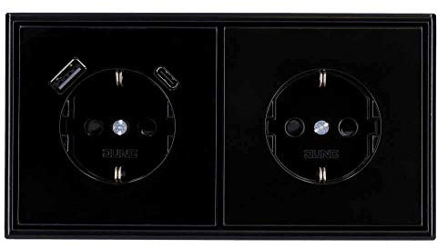 Jung SCHUKO USB-Steckdose Typ AC (3A) Komplett-Set Serie LS: 1x USB-Steckdose LS152015CASW und 1x Steckdose LS1520KISW und 2-fach Rahmen LS982SW Schwarz