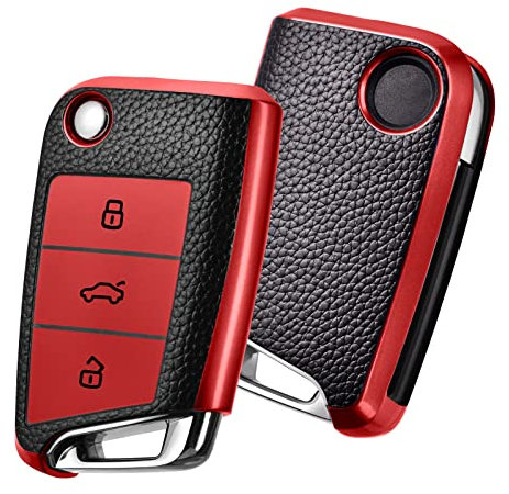 OATSBASF Autoschlüssel Hülle VW, VW Golf 7 Schlüsselhülle, Schlüsselbox Cover für VW Polo, Skoda, Tiguan, MK7 3-Tasten (P-Rot)