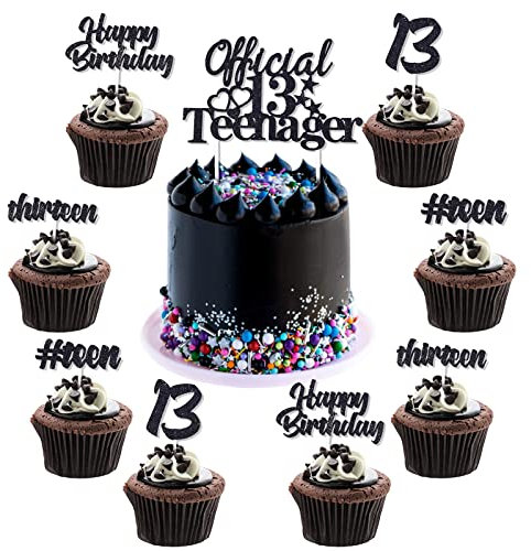 25 Stück offizielle Teenager 13. Geburtstag Kuchen Dekorationen Offizielle 13 Teenager Kuchen Topper, Happy Birthday 13 Teen Thirteen Cupcake Topper schwarz für dreizehnten Geburtstag Zubehör