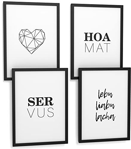 Papierschmiede® Premium Spruchposter Set 4er DIN A4 (21x30 cm) Motiv: Dahoam, Heimat Servus Zuhause, Typografie Bilder Wohnzimmer Schlafzimmer ohne Rahmen