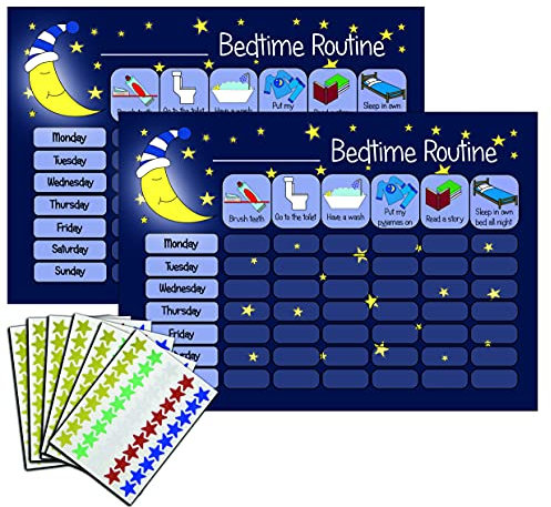 kids2learn Children's Bedtime Routine Chart Reward Chart for Sleep Training Twin Pack (2 x Dark Blue) for boys girls toddlers With 270 Star Reward Stickers Included