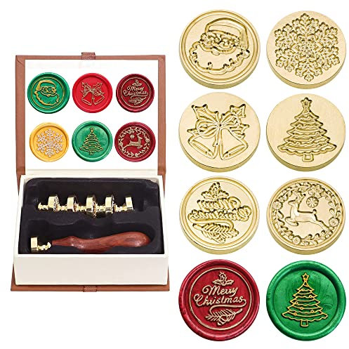 SWANGSA Wachssiegel Stempel Set, Vintage 6 Stück Weihnachten Siegelwachs Stempelköpfe + 1 Holzgriff Siegelstempel Kit (Weihnachten Set)
