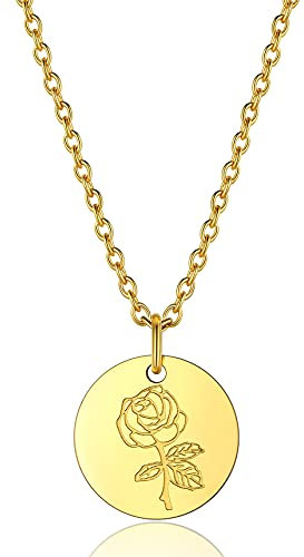 Bestyle Geburtsmonat Blume Halskette Damen Münze Anhänger Versprechen Halskette Juni Rose Geburtsblumen Schmuck aus 316L Edelstahl mit 45+5cm Rolokette Gold