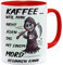 OM3® Kaffee, Weil Man Nicht jeden Tag mit einem Mord beginnen kann Tasse mit Spruch - Keramik Becher - 325ml - Beidseitig Bedruckt - Rot