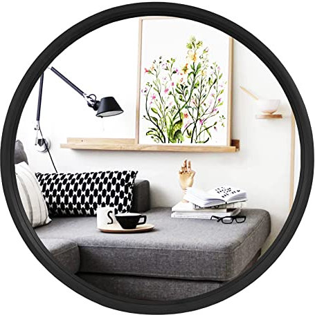 WallBeyond Schwarzer runder Spiegel mit Holzrahmen, 71,1 cm, runder Wandspiegel für Badezimmer, runder Wandspiegel für Wanddekoration, Schminktisch, Eingangsbereich, Wohnzimmer