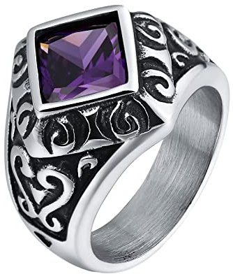 Homxi Bague Gothique Homme,Anneau Pierre Carrée avec Fleur Vintage Bague Homme Acier Inoxydable Violet Bague Homme Taille 54