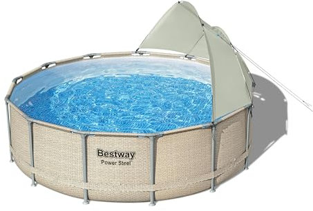 Piscine Hors Sol Ronde BESTWAY Power Steel™ 396 x 107 cm rotin Beige avec Filtre à Cartouche, bâche, auvent, échelle