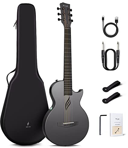 Enya Nova Go SP1 Acoustic Electric Beginner Guitar Set Carbon Fibre Black with Smart AcousticPlus Pickup Charging Cable Audio Cable Gig Bag for Children Adults School Home Travel