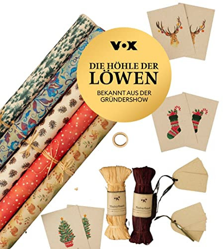 PÁPYDO Weihnachten Mega Set 5 Rollen Geschenkpapier, 6 Grußkarten, 10 Geschenkanhänger, Klebeband, 2 Geschenkbänder I nachhaltig, regional, Graspapier