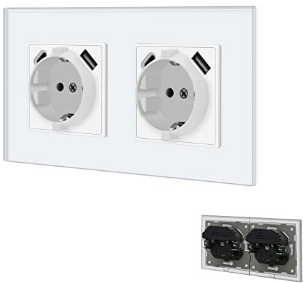 BSEED Enchufe de pared con puertos USB(tipo C y tipo A 2,1 A total),Blanco Doble Schuko Enchufe con clips,16A 250V Enchufe de pared con 2 x cargadores USB y Tipo C adecuado para Smartphone MP3 Tablet